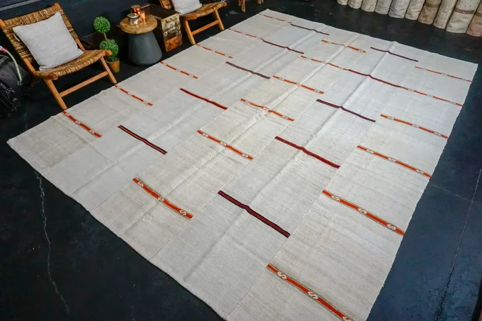 10’3 x 13’7 MCM Vintage Organic Hemp Rug Off White Flatweave Kilim ‘3173
