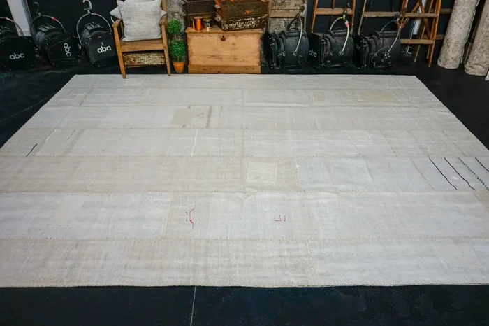 10’ x 13’ MCM Vintage Organic Hemp Rug Off White Collage Kilim ‘2971