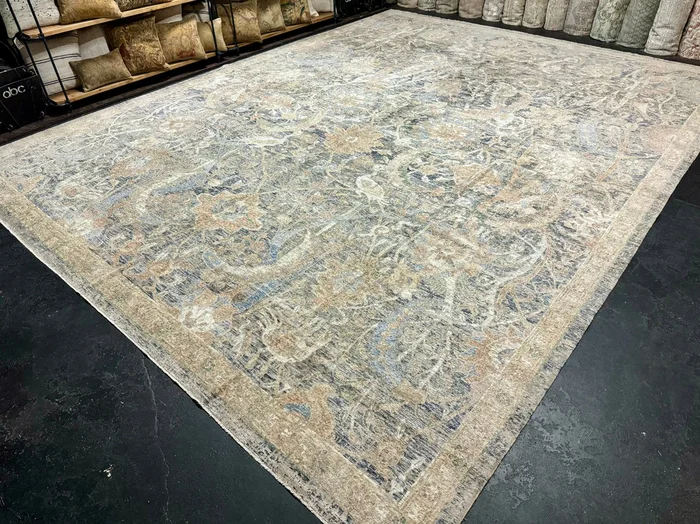 12’6 x 16’6 Distressed Silk 17th Century Persian Design Tibetan Rug Blue,Gray, Camel & Green K-0175