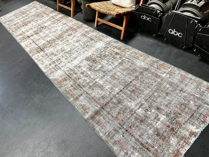 3’6 x 15’6 Antique Runner Muted Turquoise Blue, Copper + Gray ‘5025