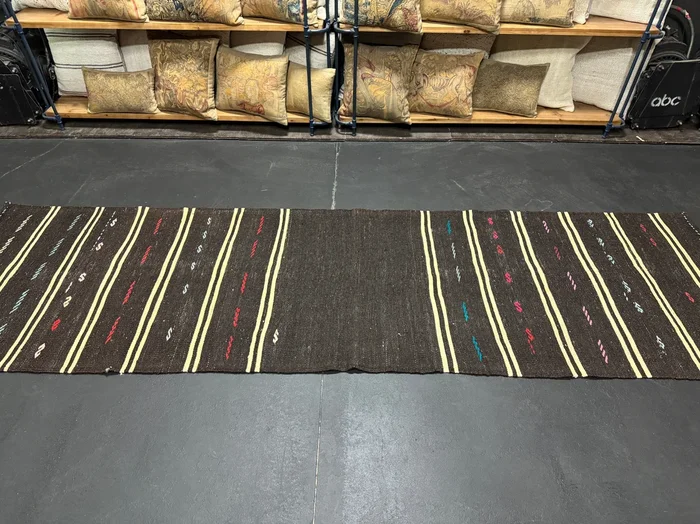 3′ x 10’8 Vintage Turkish Kilim Runner Dark Brown & White 5677