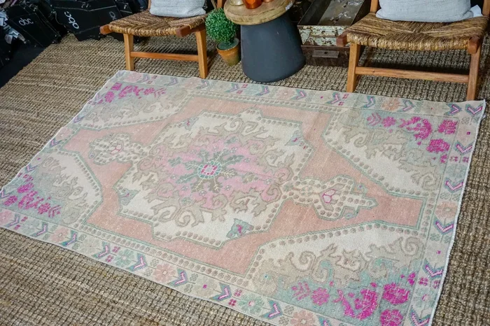 4’7 x 7’8 Turkish Oushak Carpet Muted Pink, Aqua + Vanilla Vintage Rug 1970’s ‘3419