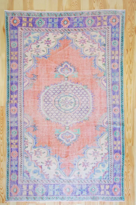 6×9 Vintage Central Anatolian Oushak Style Turkish Area Rug | Bold medallion spacious field vibrant colors | SKU 498