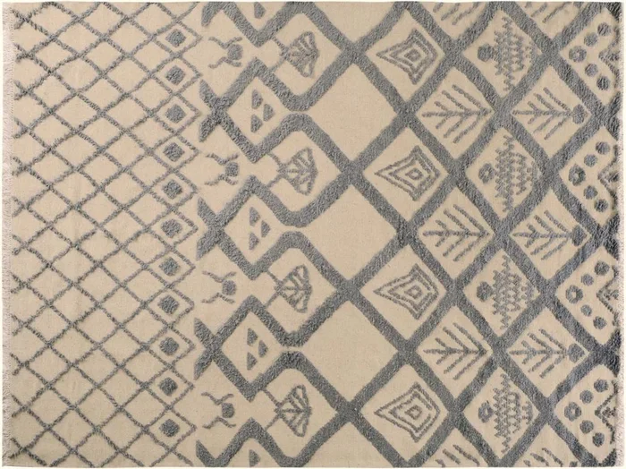 Abstract Moroccan High-Low Tammera Ivory/Blue Wool Rug – 8’1” x 10’9”