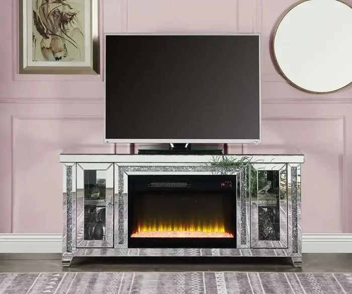 ACME Furniture – Noralie TV Stand w/Fireplace & LED – Mirrored & Faux Diamonds – LV00315