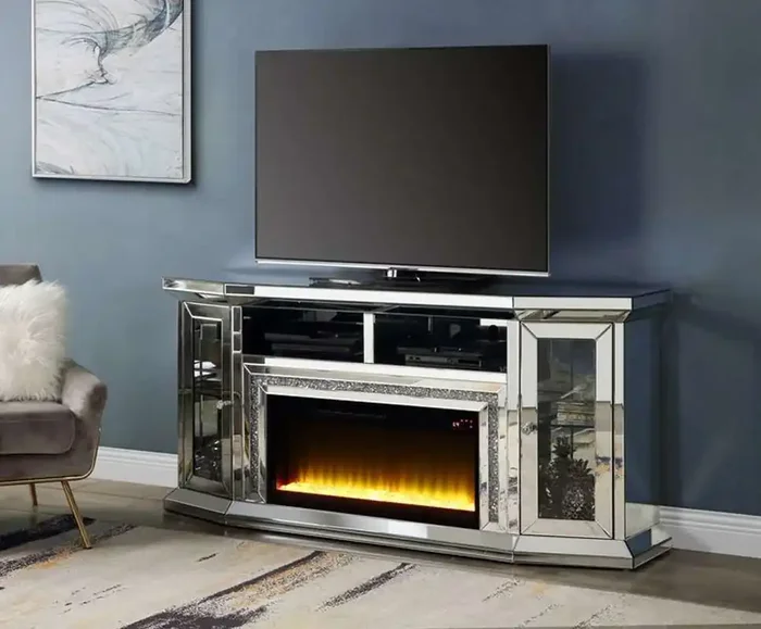 ACME Furniture – Noralie TV Stand w/Fireplace & LED – Mirrored & Faux Diamonds – AC00517