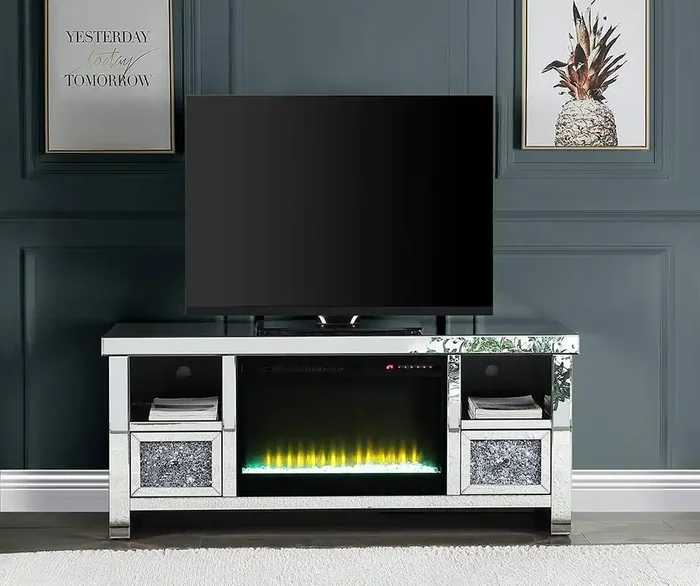 ACME Furniture – Noralie TV Stand w/Fireplace – Mirrored & Faux Diamonds – LV00313