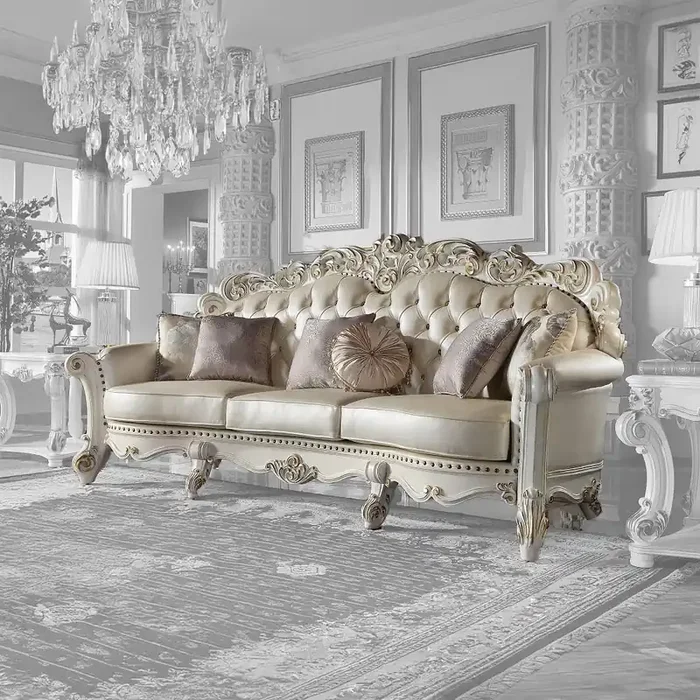 ACME Furniture – Vendome Oversized Sofa w/6 Pillows – Champagne Synthetic Leather & Antique Pearl Finish – LV01525