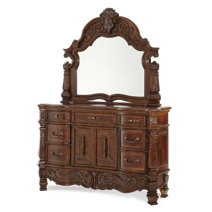 AICO by Michael Amini – Windsor Court Dresser and Mirror in Vintage Fruitwood – 70050SA-60-54