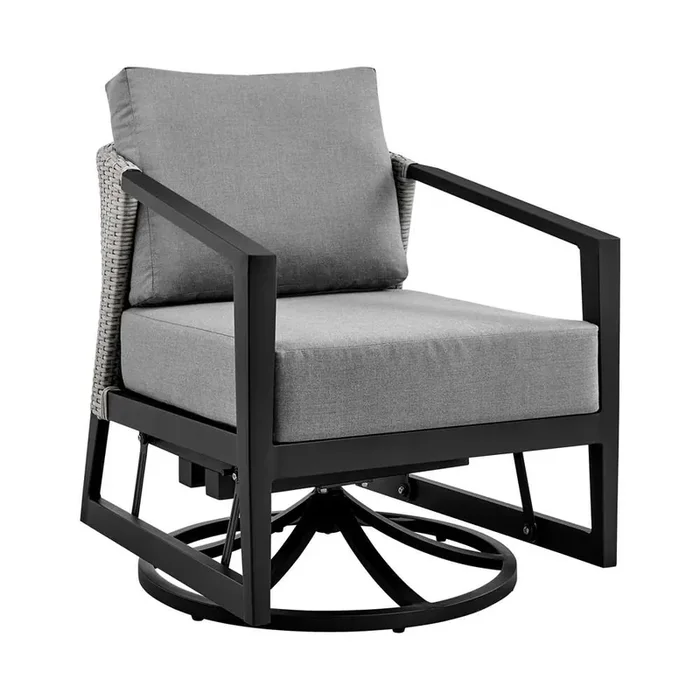 Armen Living – Aileen Outdoor Patio Swivel Lounge Chair in Aluminum with Grey Cushions – 840254333246