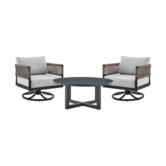 Armen Living – Felicia and Argiope 3 Piece Patio Outdoor Swivel Seating Set in Black Aluminum with Grey Rope and Cushions – 840254332621