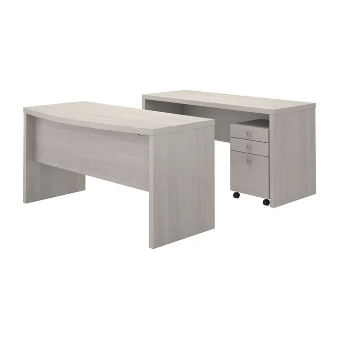 Bush Business Furniture – Echo Bow Front Desk and Credenza with Mobile File Cabinet in Gray Sand – ECH010GS