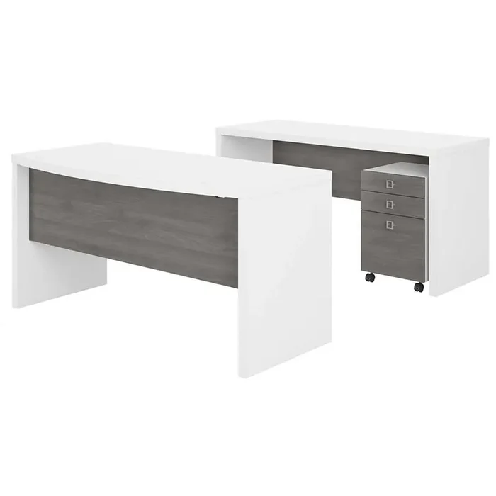 Bush Business Furniture – Echo Bow Front Desk and Credenza with Mobile File Cabinet in Pure White and Modern Gray – ECH010WHMG