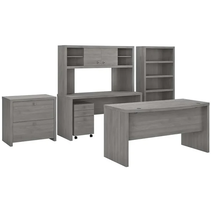 Bush Business Furniture – Echo Bow Front Desk, Credenza with Hutch, Bookcase and File Cabinets in Modern Gray – ECH029MG