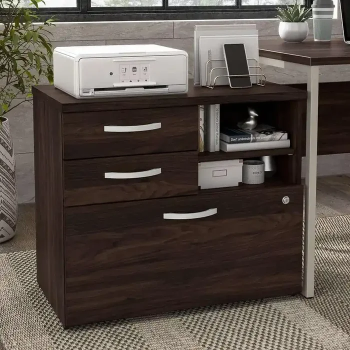 Bush Furniture – Hybrid Office Storage Cabinet with Drawers and Shelves in Black Walnut – HYF130BWSU-Z