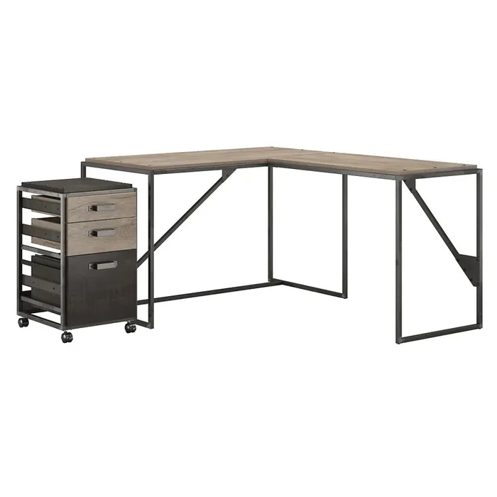 Bush Furniture – Refinery 50W L Shaped Desk with 37W Return and File Cabinet in Rustic Gray – RFY004RG