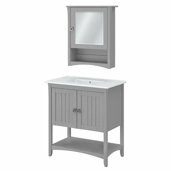 Bush Furniture – Salinas 32W Bathroom Vanity Sink and Medicine Cabinet with Mirror in Cape Cod Gray – SAL020CG