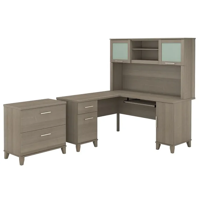 Bush Furniture – Somerset 60W L Shaped Desk with Hutch and Lateral File Cabinet in Ash Gray – SET008AG
