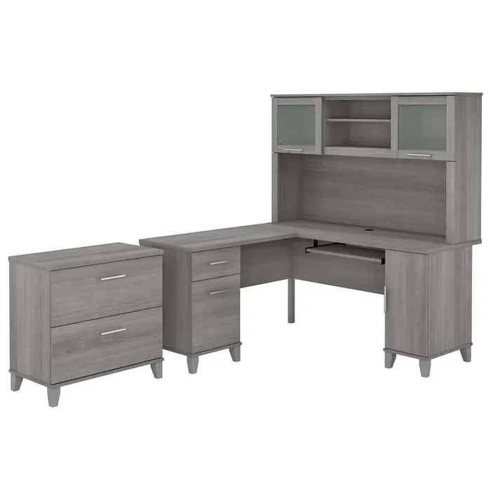 Bush Furniture – Somerset 60W L Shaped Desk with Hutch and Lateral File Cabinet in Platinum Gray – SET008PG