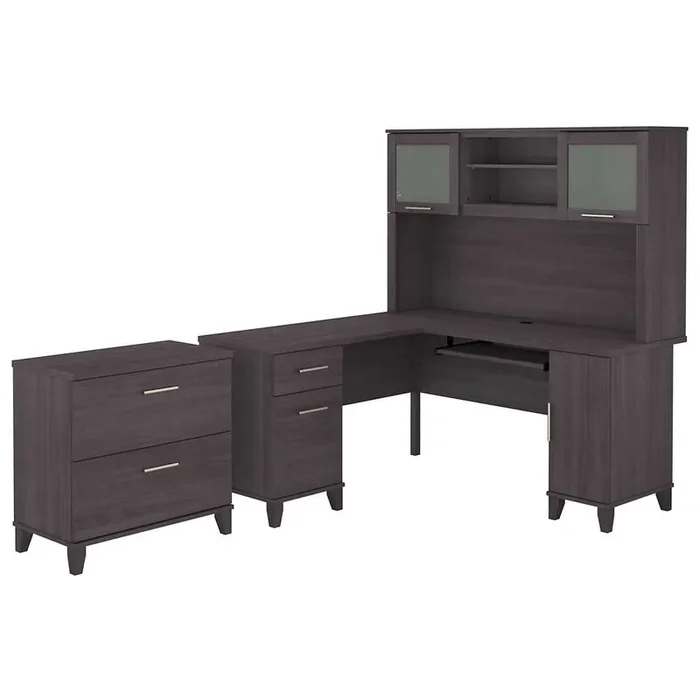 Bush Furniture – Somerset 60W L Shaped Desk with Hutch and Lateral File Cabinet in Storm Gray – SET008SG