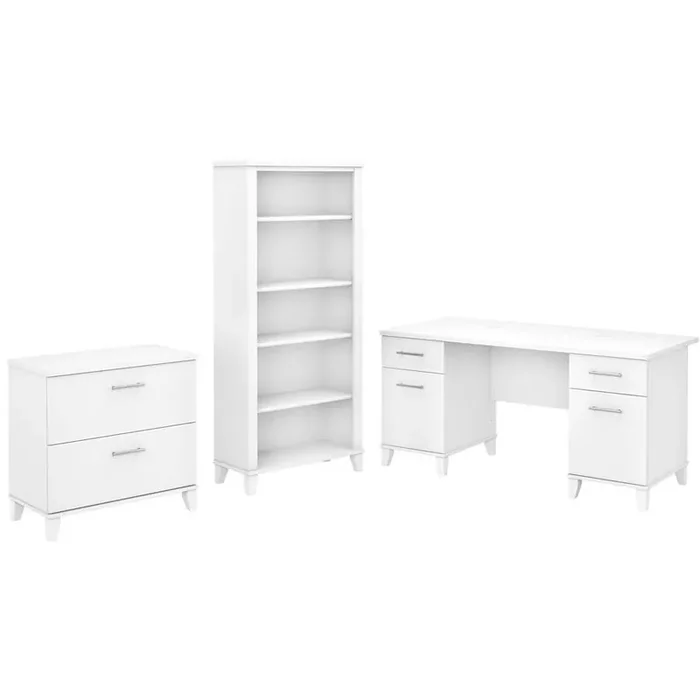 Bush Furniture – Somerset 60W Office Desk with Lateral File Cabinet and 5 Shelf Bookcase in White – SET013WH