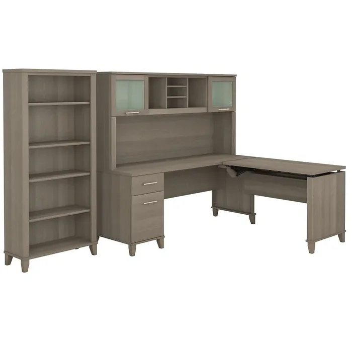 Bush Furniture – Somerset 72W Sit to Stand L Shaped Desk with Hutch and Bookcase in Ash Gray – SET017AG