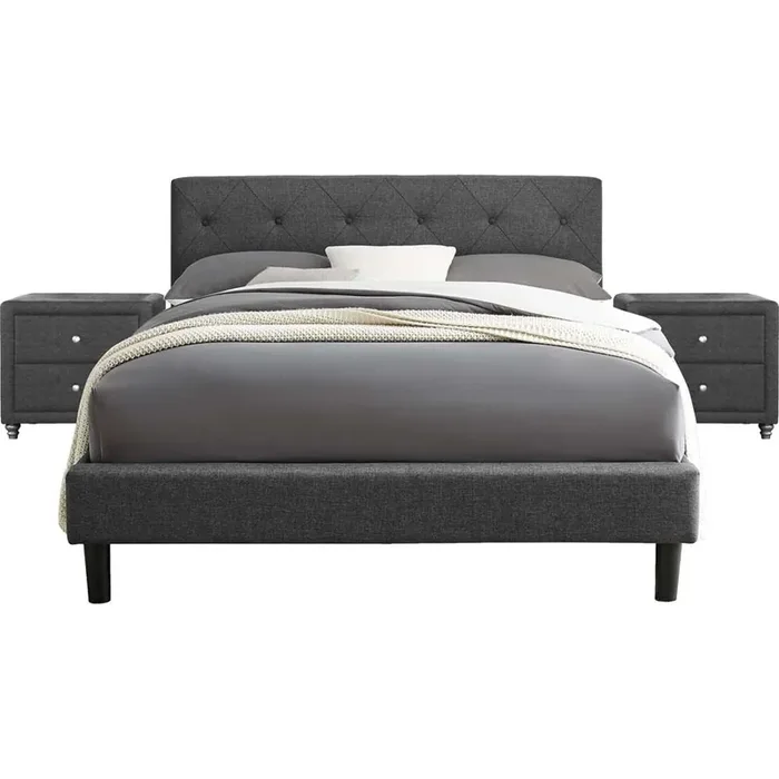 Camden Isle – Monticello Platform Bed, Queen, Gray with 2 Nightstands – 242334
