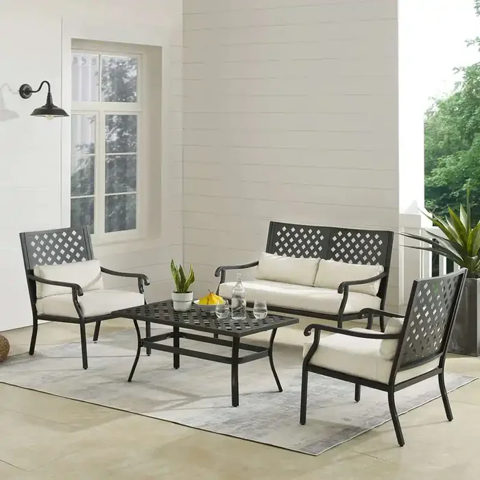 Crosley Furniture – Alistair 4Pc Outdoor Metal Conversation Set Creme/Matte Black – Loveseat, Coffee Table, & 2 Armchairs – KO70285MB-CR_CLOSEOUT