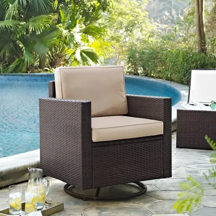 Crosley Furniture – Palm Harbor Outdoor Wicker Swivel Rocker Chair With Sand Cushions – KO70094BR-SA