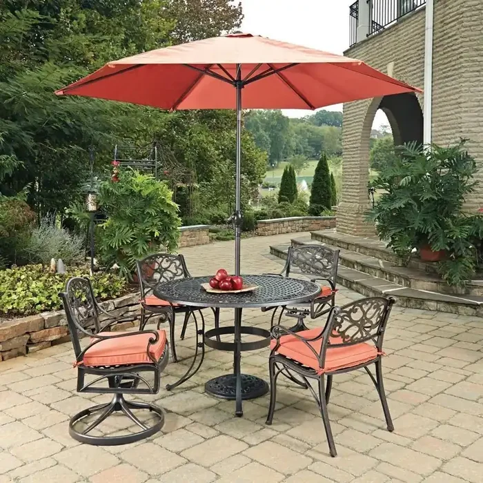 Homestyles Furniture – Sanibel Brown 6 Piece Outdoor Dining Set with Umbrella and Cushions – 6655-32856C