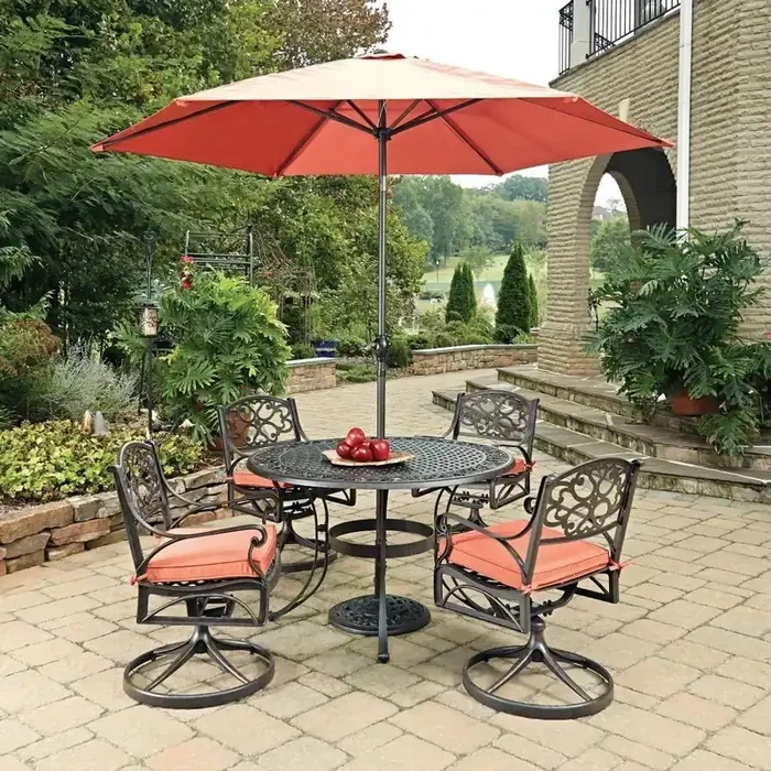 Homestyles Furniture – Sanibel Brown 6 Piece Outdoor Dining Set with Umbrella and Cushions – 6655-3256C