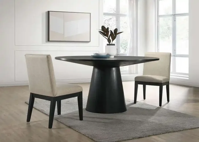 Lilola Home Jasper Ebony Black 3 Piece 59in Wide Contemporary Round Dining Table Set with Beige Fabric Chairs – 30016-2