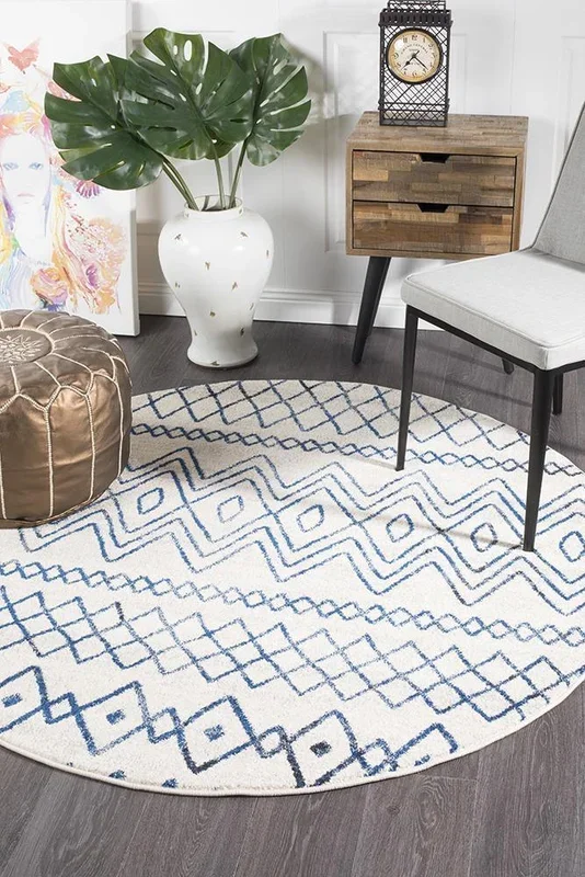 Marcy Nadia White Blue Rustic Tribal Round Rug