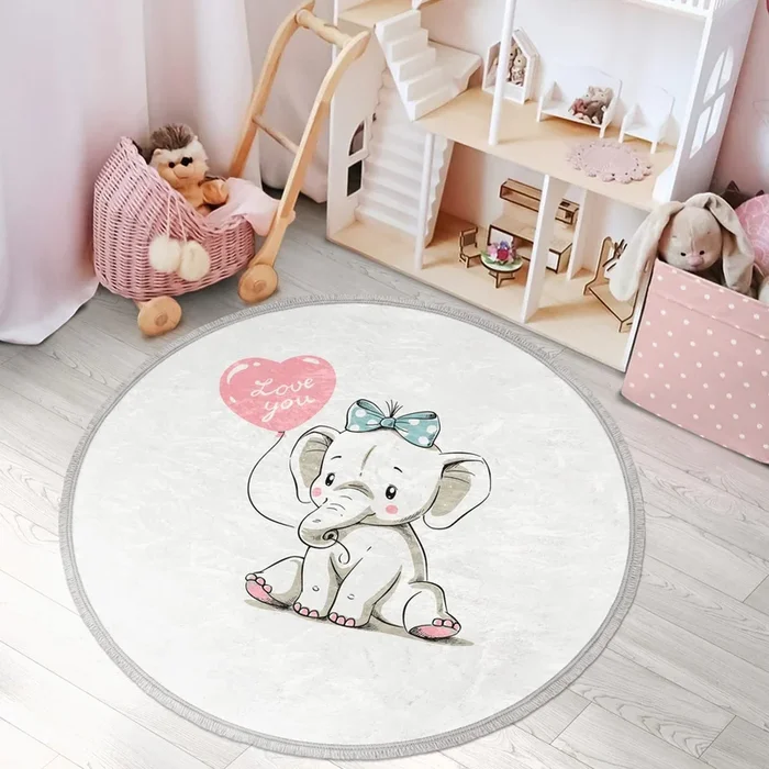Nursery Elephant Patterned Kids Room Round Rug