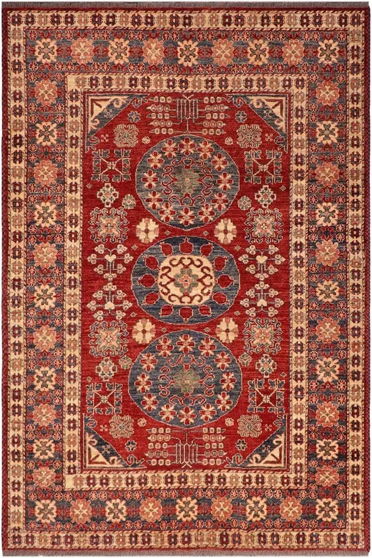 Rustic Super Kazak Hermine Red/Blue Wool Rug – 5’3” x 6’3”