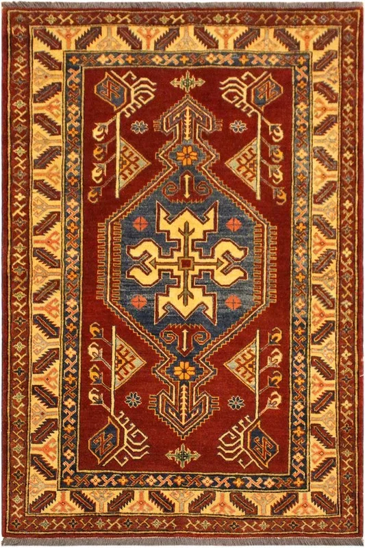 Tribal Super Kazak Lorine Rust/Tan Wool Rug – 4’0” x 5’5”