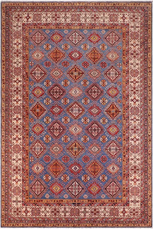 Tribal Super Kazak Zena Blue/Beige Wool Rug – 9’0” x 12’1”