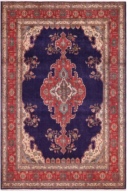Vintage Antique Tabriz Hunter Blue/Red Wool Rug – 9’9” x 12’8”